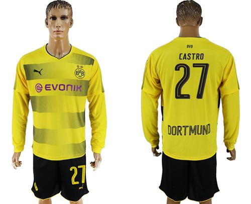 Dortmund #27 Castro Home Long Sleeves Soccer Club Jersey - Click Image to Close